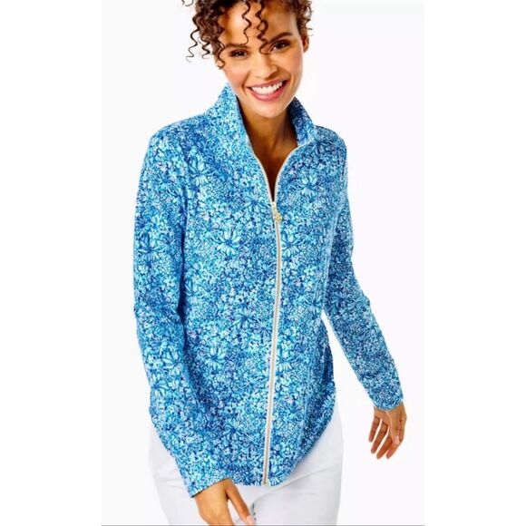 Lilly Pulitzer Leona UPF 50+ zip front jacket blue/white Sz L Luxletic cumulus